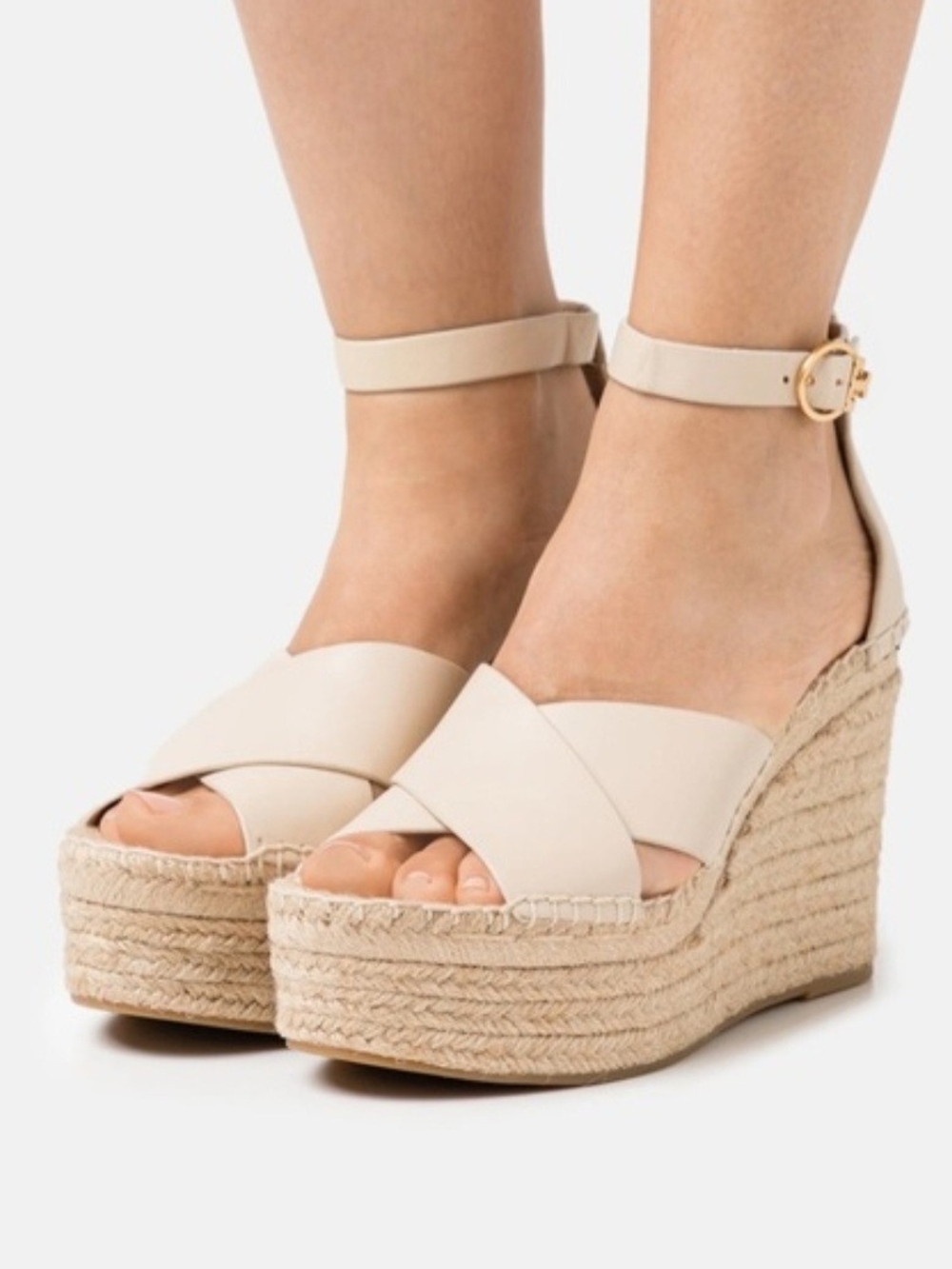 Tory Burch Selby Tan Leather Espadrille Ankle-Strap Wedge Sandals. Size 10